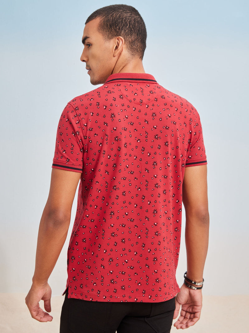 Red Printed Stretch Polo T-Shirt