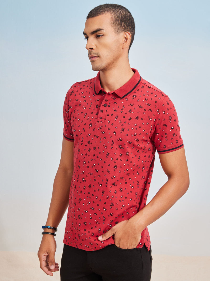 Red Printed Stretch Polo T-Shirt