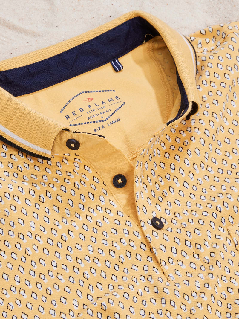 Yellow Printed Stretch Polo T-Shirt