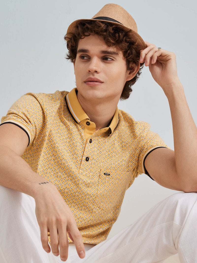 Yellow Printed Stretch Polo T-Shirt