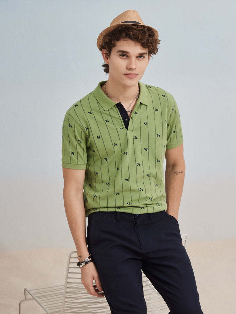 Green Printed Stretch Polo T-Shirt