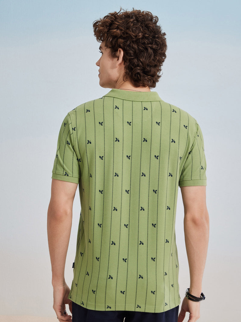 Green Printed Stretch Polo T-Shirt