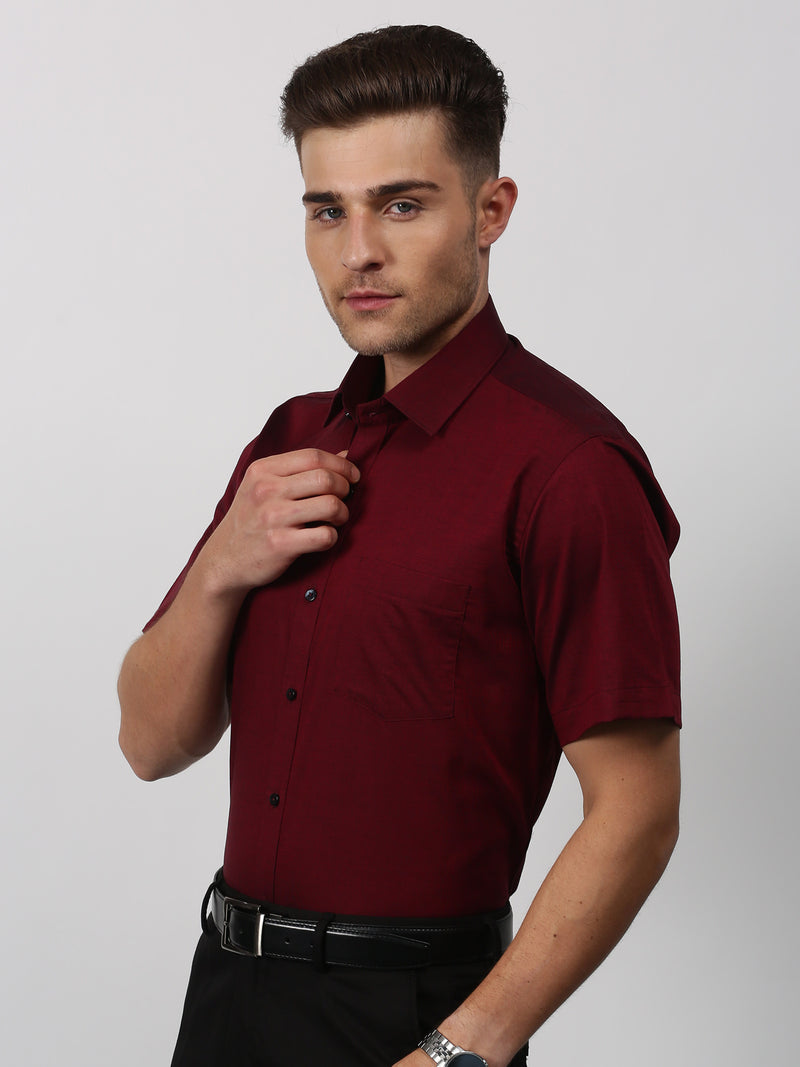 Maroon Solid Short Sleeve Formal Shirt